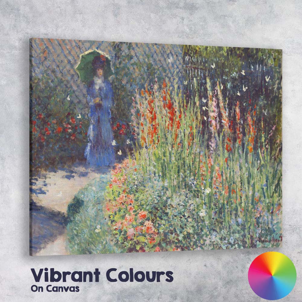 Impressionist Garden Lady With Parasol Colourful Flower Border Canvas Wall Art Print Decor Picture Ready to Hang