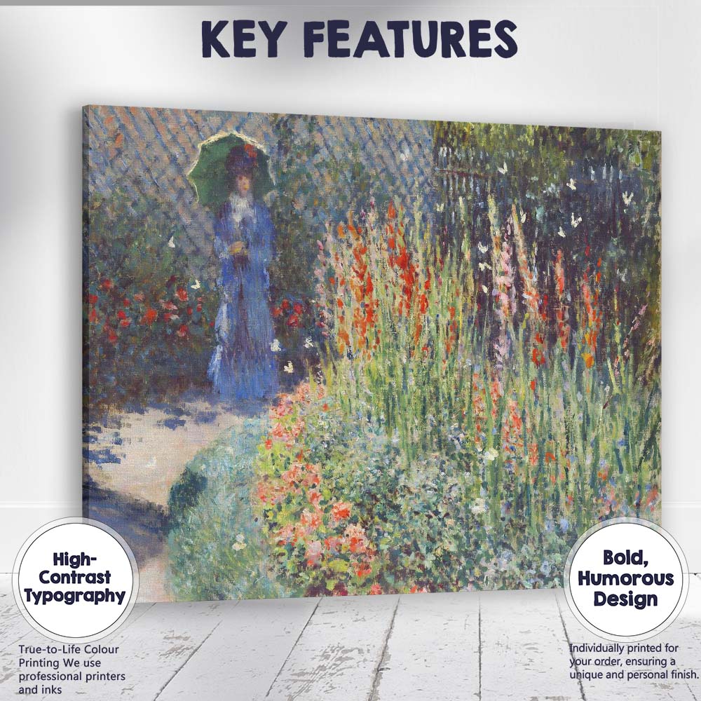 Impressionist Garden Lady With Parasol Colourful Flower Border Canvas Wall Art Print Decor Picture Ready to Hang
