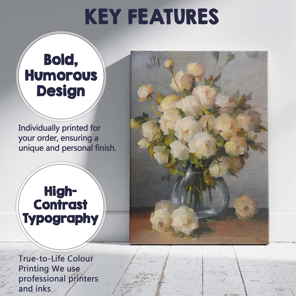 Soft Cream Rose Bouquet Floral Still Life Painting Canvas Wall Art Print Decor Picture Ready to Hang