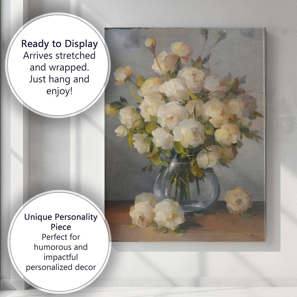 Soft Cream Rose Bouquet Floral Still Life Painting Canvas Wall Art Print Decor Picture Ready to Hang