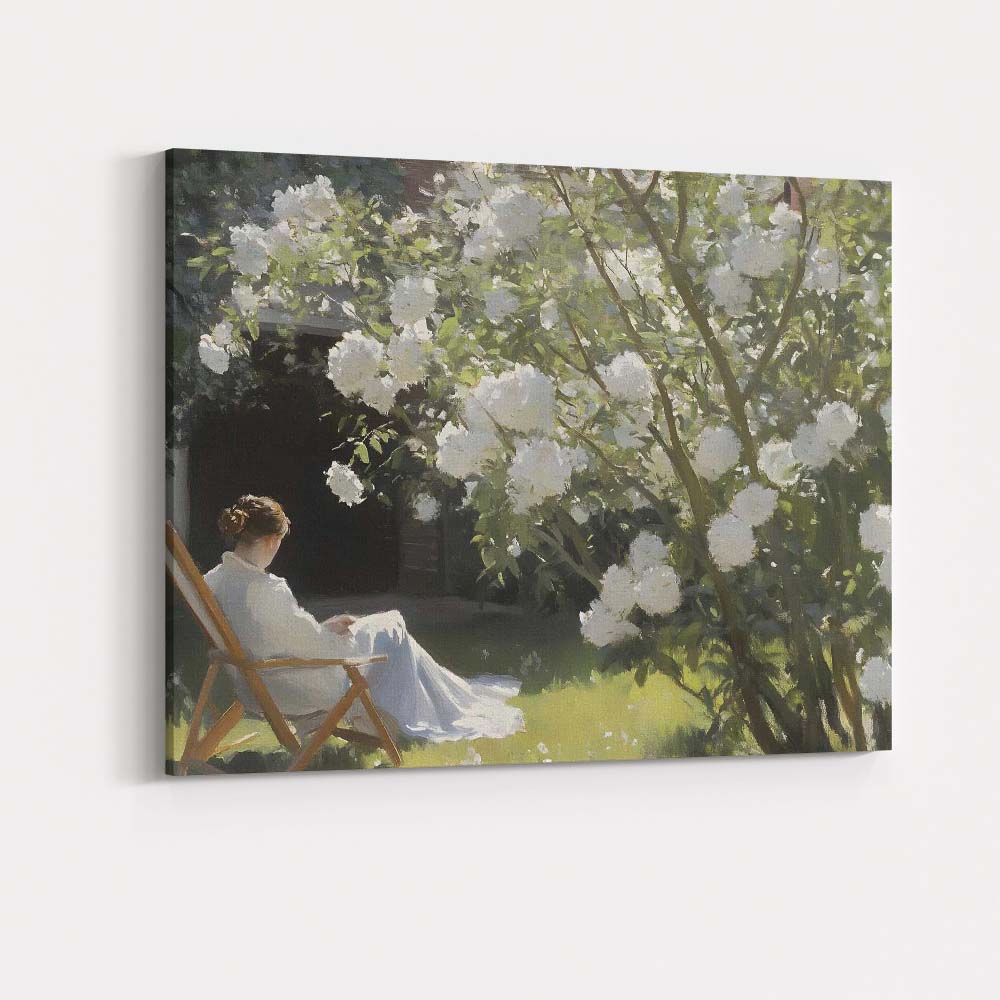 Sunlit White Blossom Tree Garden Woman Reading Impressionist Canvas Wall Art Print Decor Picture Ready to Hang