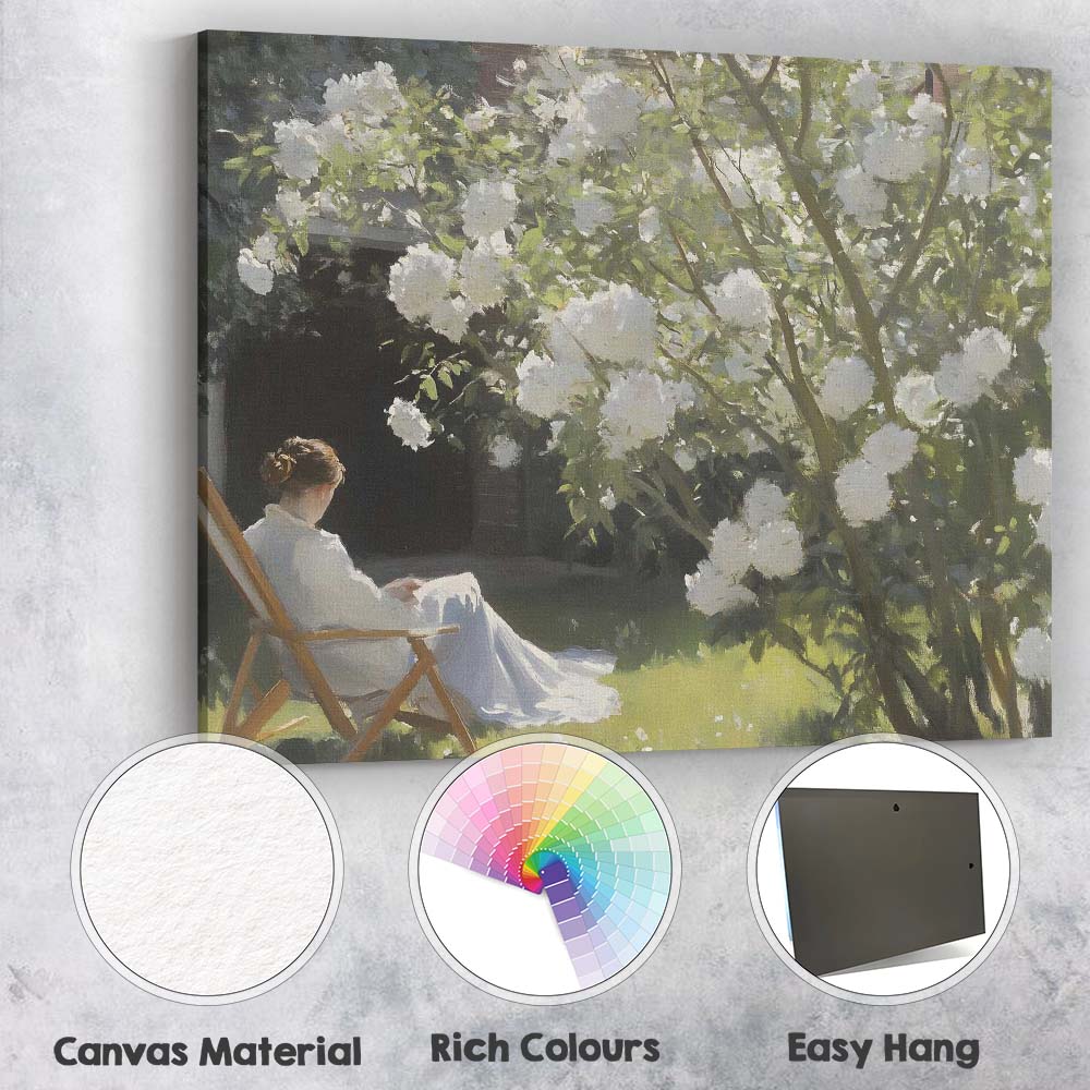 Sunlit White Blossom Tree Garden Woman Reading Impressionist Canvas Wall Art Print Decor Picture Ready to Hang