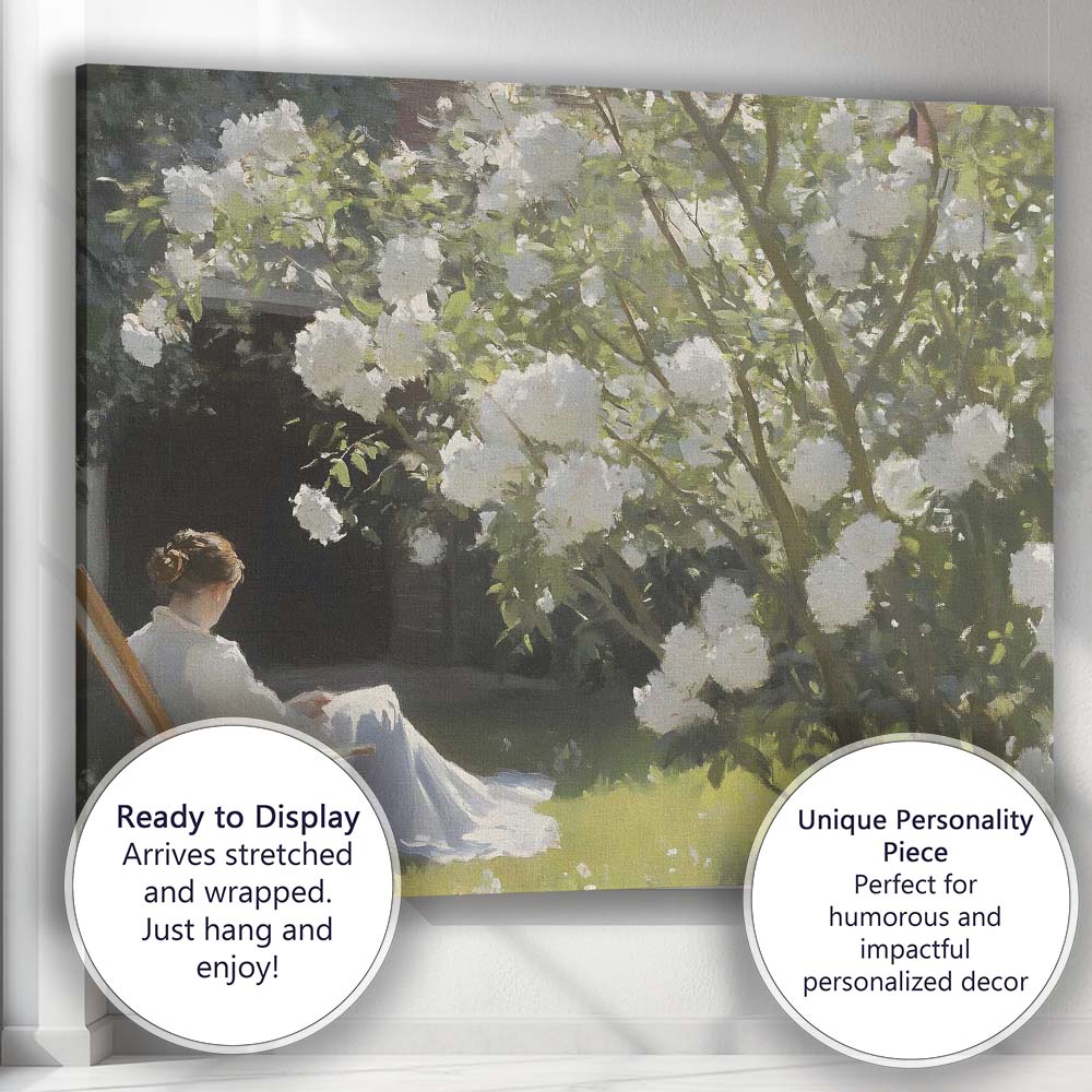 Sunlit White Blossom Tree Garden Woman Reading Impressionist Canvas Wall Art Print Decor Picture Ready to Hang