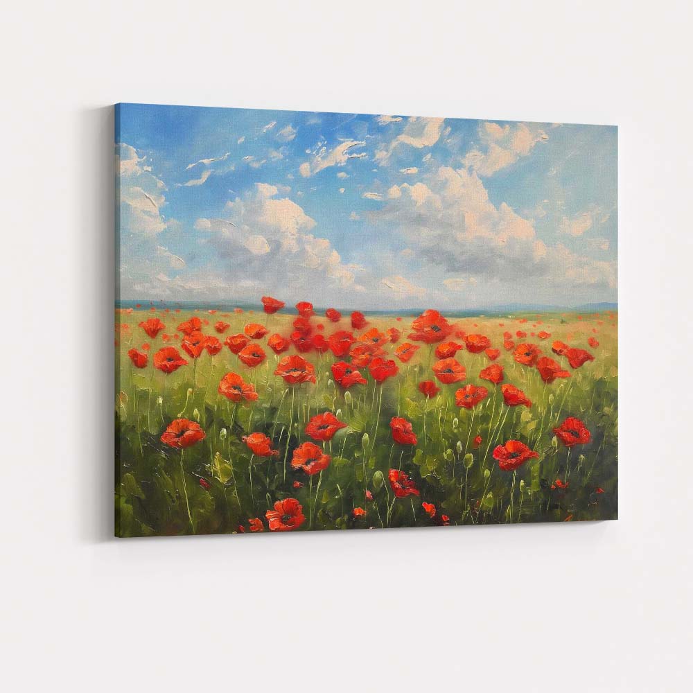 Vibrant Red Poppy Meadow Landscape Bright Blue Sky Impressionist Floral Field Painting Canvas Wall Art Print Decor Picture Ready to Hang