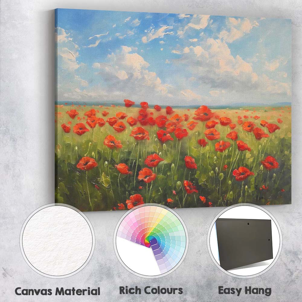 Vibrant Red Poppy Meadow Landscape Bright Blue Sky Impressionist Floral Field Painting Canvas Wall Art Print Decor Picture Ready to Hang