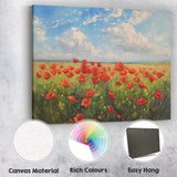 Vibrant Red Poppy Meadow Landscape Bright Blue Sky Impressionist Floral Field Painting Canvas Wall Art Print Decor Picture Ready to Hang
