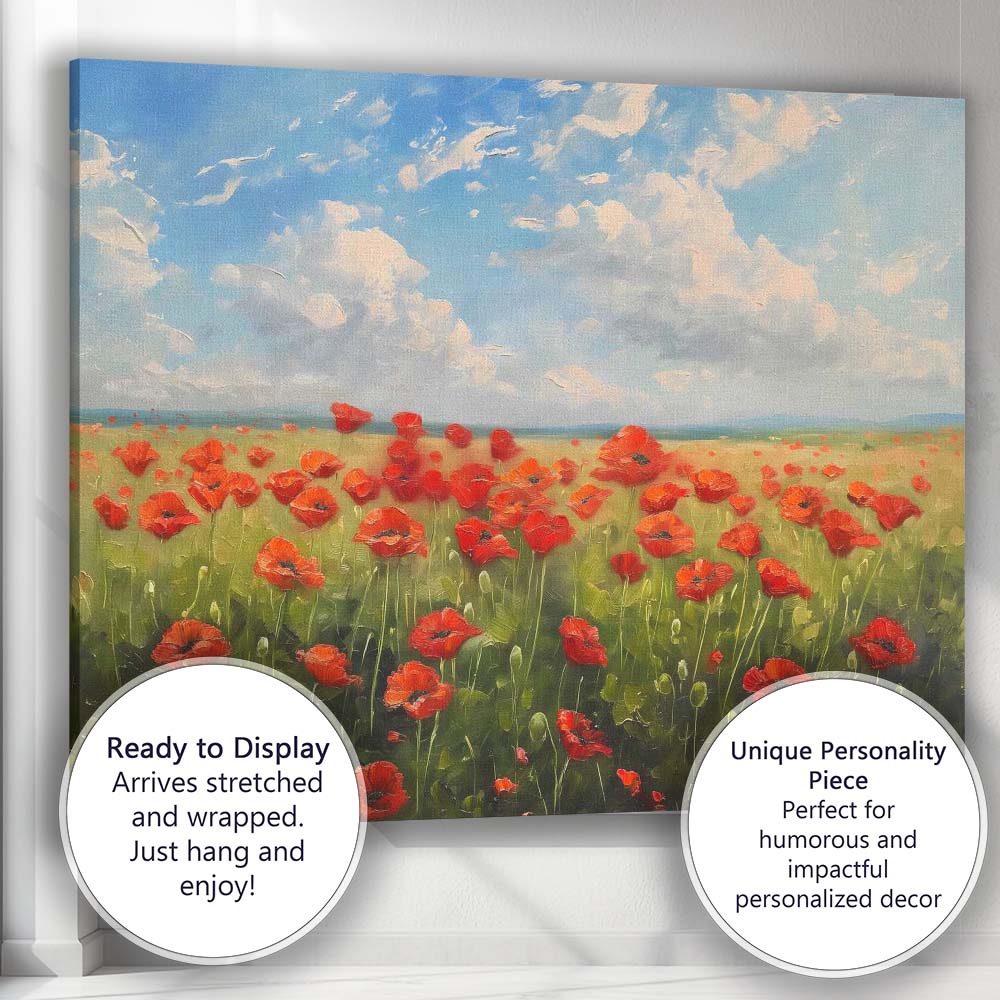 Vibrant Red Poppy Meadow Landscape Bright Blue Sky Impressionist Floral Field Painting Canvas Wall Art Print Decor Picture Ready to Hang