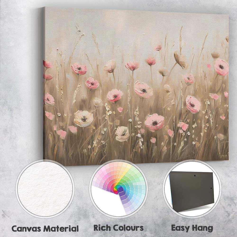 Soft Pink Poppy Wildflower Meadow Textured Floral Painting Canvas Wall Art Print Decor Picture Ready to Hang