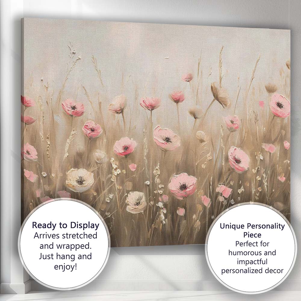 Soft Pink Poppy Wildflower Meadow Textured Floral Painting Canvas Wall Art Print Decor Picture Ready to Hang