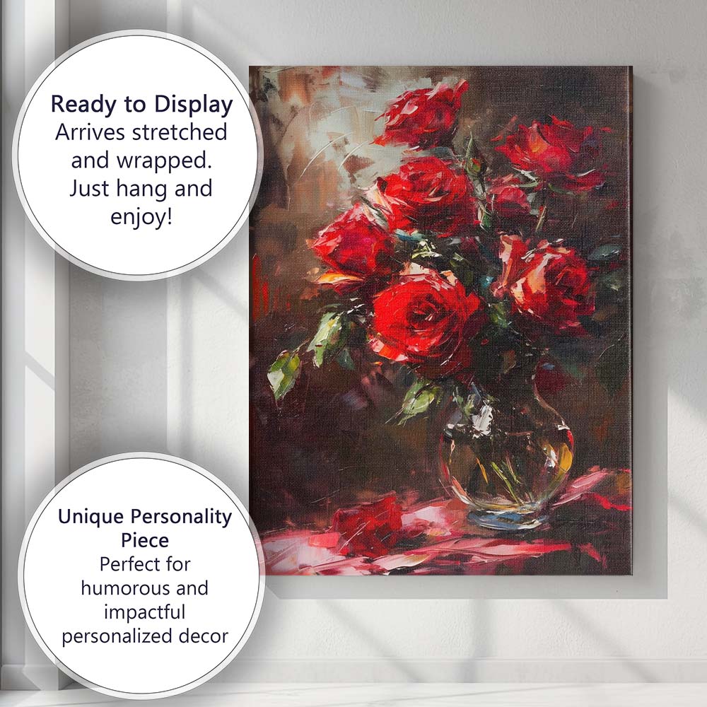Rich Red Rose Bouquet Floral Still Life Oil Painting Canvas Wall Art Print Decor Picture Ready to Hang