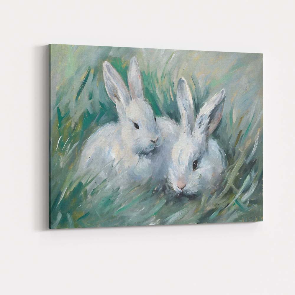 Cute White Bunny Rabbits Meadow Wildlife Painting Canvas Wall Art Print Decor Picture Ready to Hang