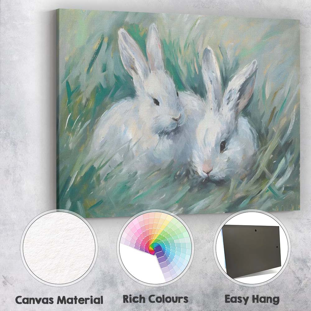Cute White Bunny Rabbits Meadow Wildlife Painting Canvas Wall Art Print Decor Picture Ready to Hang