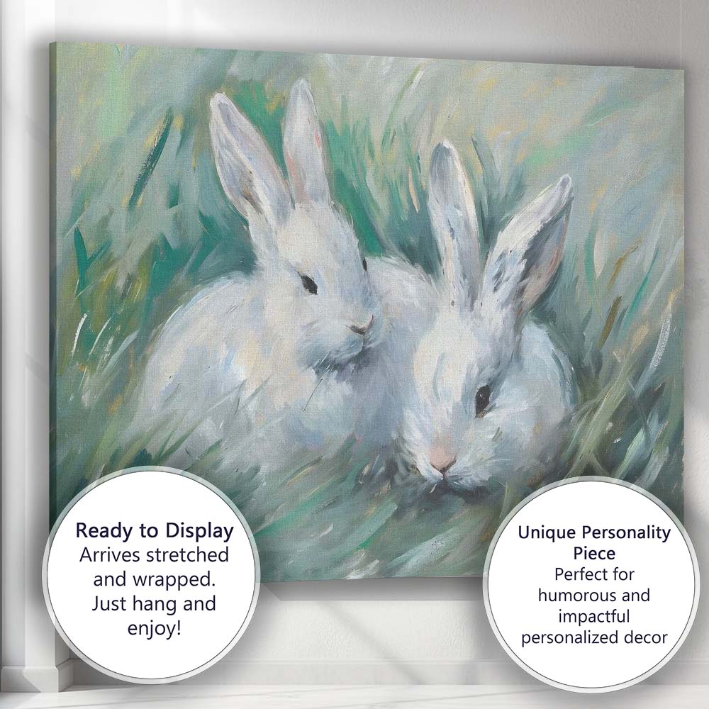 Cute White Bunny Rabbits Meadow Wildlife Painting Canvas Wall Art Print Decor Picture Ready to Hang