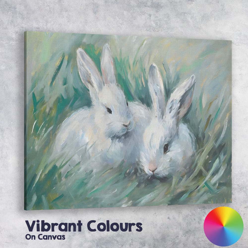 Cute White Bunny Rabbits Meadow Wildlife Painting Canvas Wall Art Print Decor Picture Ready to Hang