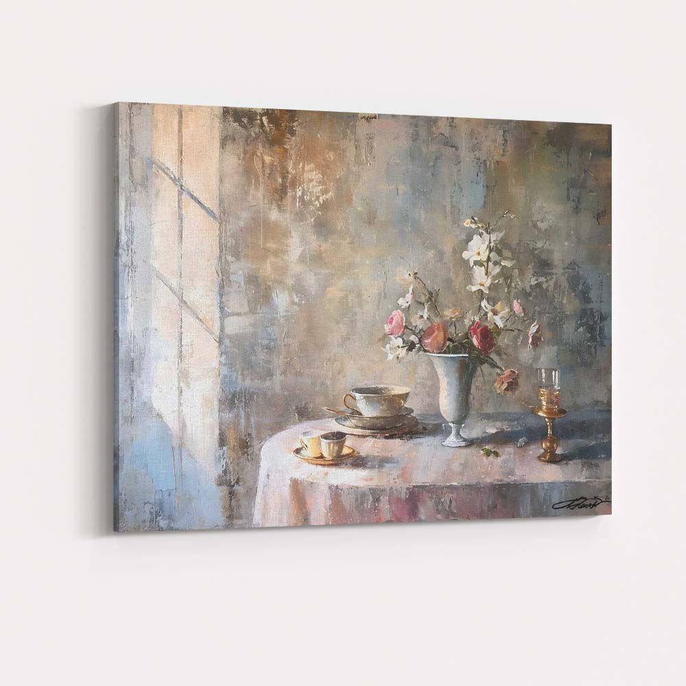 Elegant Floral Tea Table Still Life Contemporary Canvas Wall Art Print Decor Picture Ready to Hang