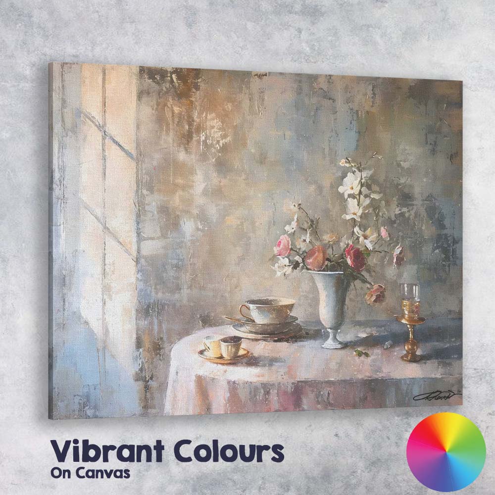 Elegant Floral Tea Table Still Life Contemporary Canvas Wall Art Print Decor Picture Ready to Hang