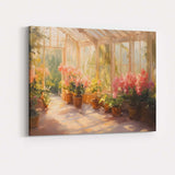 Sunlit Greenhouse Garden With Pink Flowers Painting Canvas Wall Art Print Decor Picture Ready to Hang