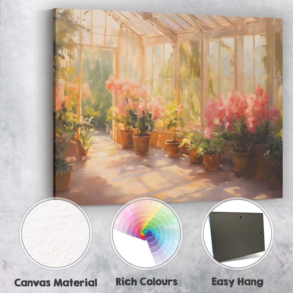 Sunlit Greenhouse Garden With Pink Flowers Painting Canvas Wall Art Print Decor Picture Ready to Hang