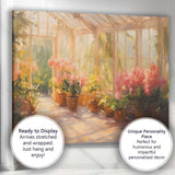 Sunlit Greenhouse Garden With Pink Flowers Painting Canvas Wall Art Print Decor Picture Ready to Hang