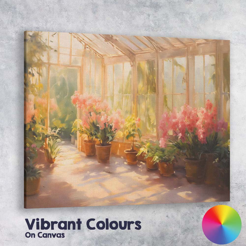 Sunlit Greenhouse Garden With Pink Flowers Painting Canvas Wall Art Print Decor Picture Ready to Hang