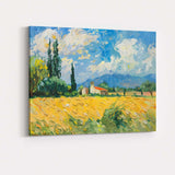 Impressionist Golden Wheat Field Country Chapel Blue Sky Landscape Canvas Wall Art Print Decor Picture Ready to Hang