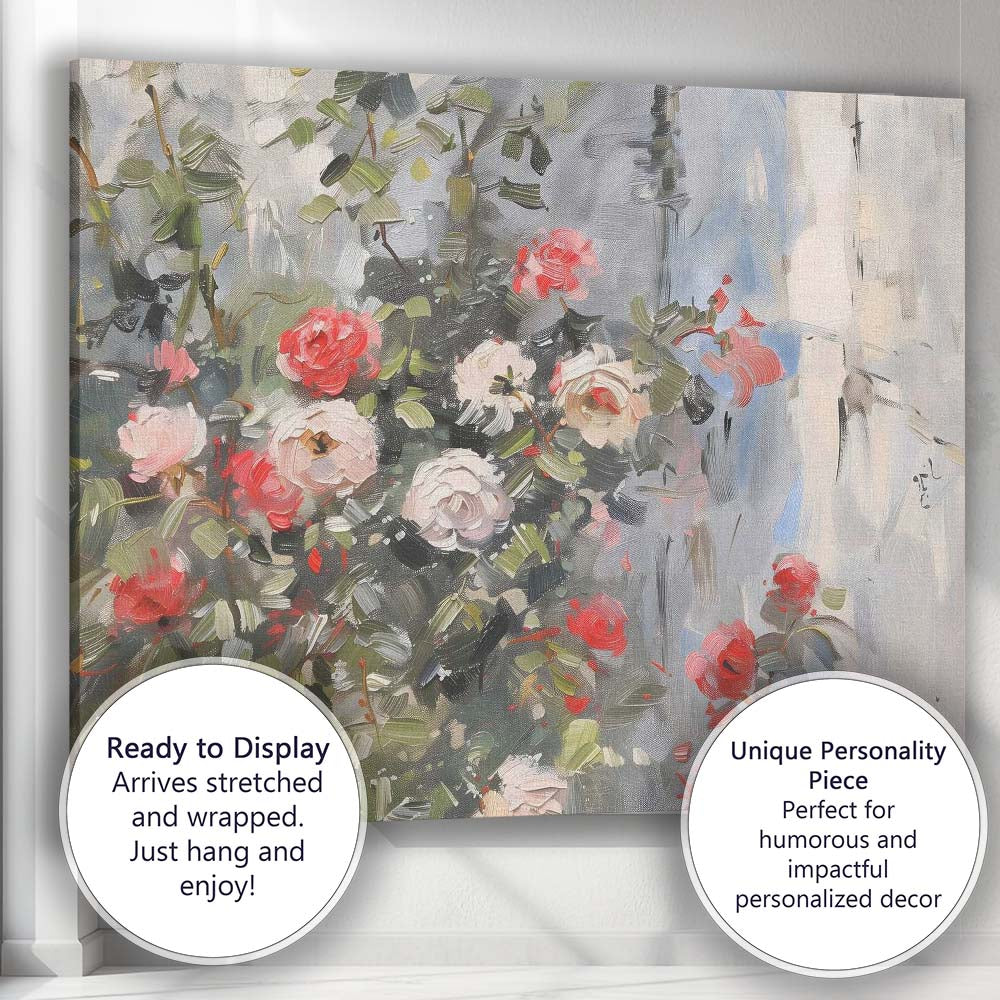 Romantic Pink Rose Garden Textured Impressionist Floral Canvas Wall Art Print Decor Picture Ready to Hang