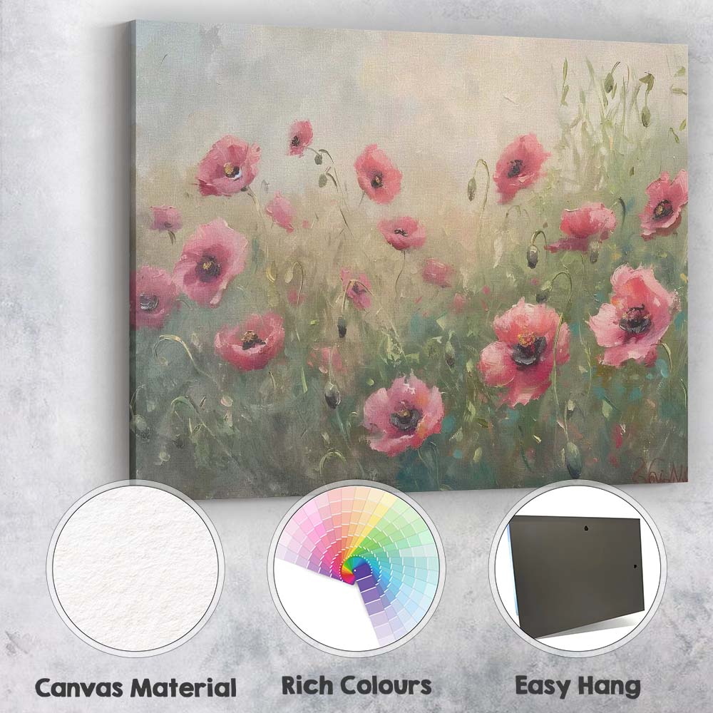 Delicate Pink Poppy Flower Meadow Soft Impressionist Floral Canvas Wall Art Print Decor Picture Ready to Hang