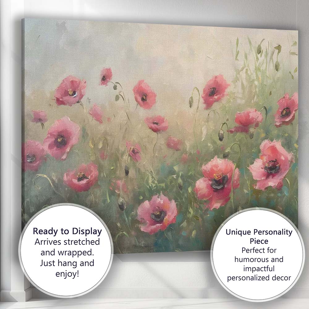 Delicate Pink Poppy Flower Meadow Soft Impressionist Floral Canvas Wall Art Print Decor Picture Ready to Hang