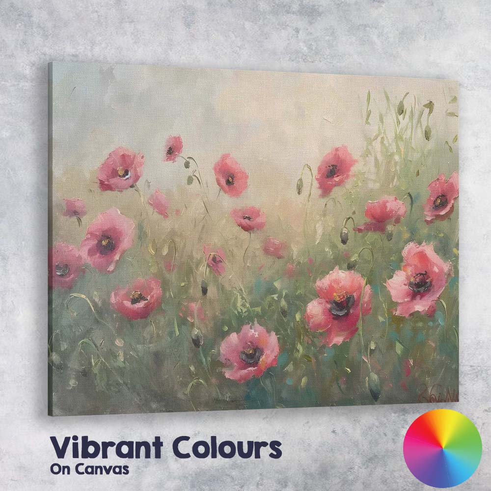 Delicate Pink Poppy Flower Meadow Soft Impressionist Floral Canvas Wall Art Print Decor Picture Ready to Hang