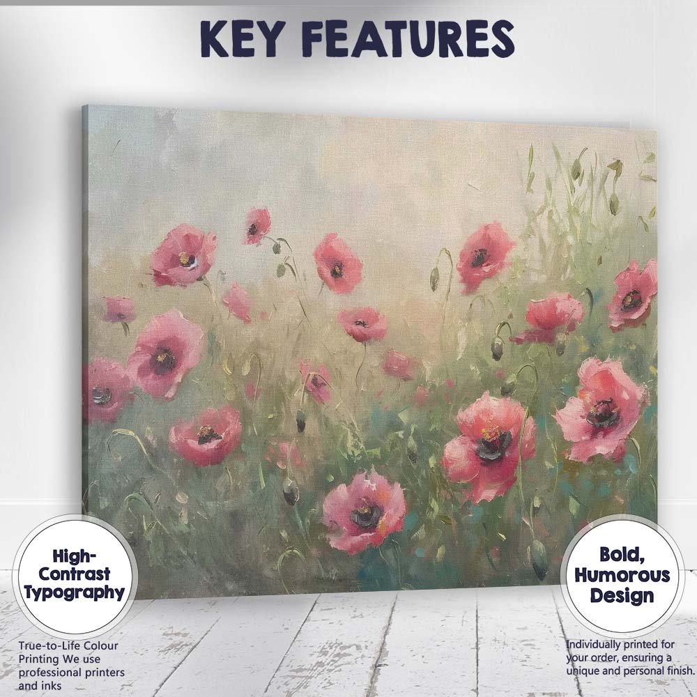 Delicate Pink Poppy Flower Meadow Soft Impressionist Floral Canvas Wall Art Print Decor Picture Ready to Hang