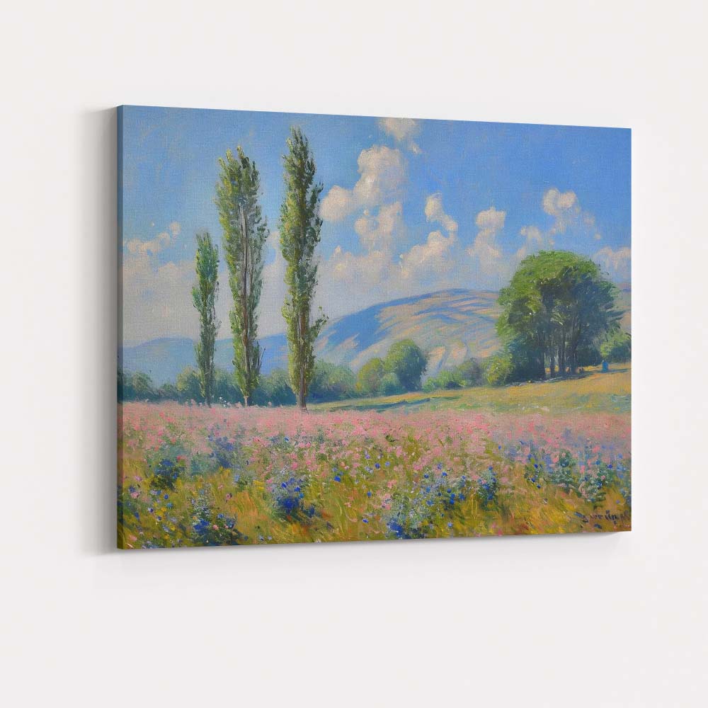 Pastel Wildflower Meadow Poplar Trees Countryside Impressionist Landscape Canvas Wall Art Print Decor Picture Ready to Hang