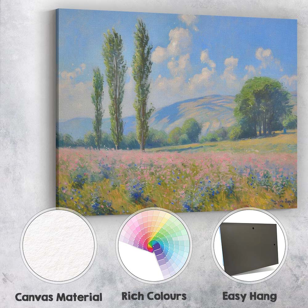 Pastel Wildflower Meadow Poplar Trees Countryside Impressionist Landscape Canvas Wall Art Print Decor Picture Ready to Hang