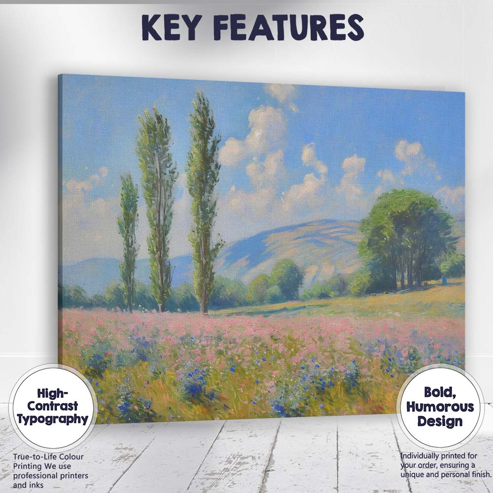 Pastel Wildflower Meadow Poplar Trees Countryside Impressionist Landscape Canvas Wall Art Print Decor Picture Ready to Hang