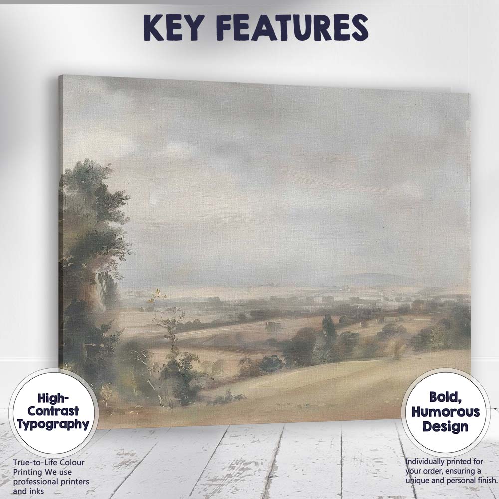 Muted Countryside Landscape Misty Horizon Watercolour Canvas Wall Art Print Decor Picture Ready to Hang