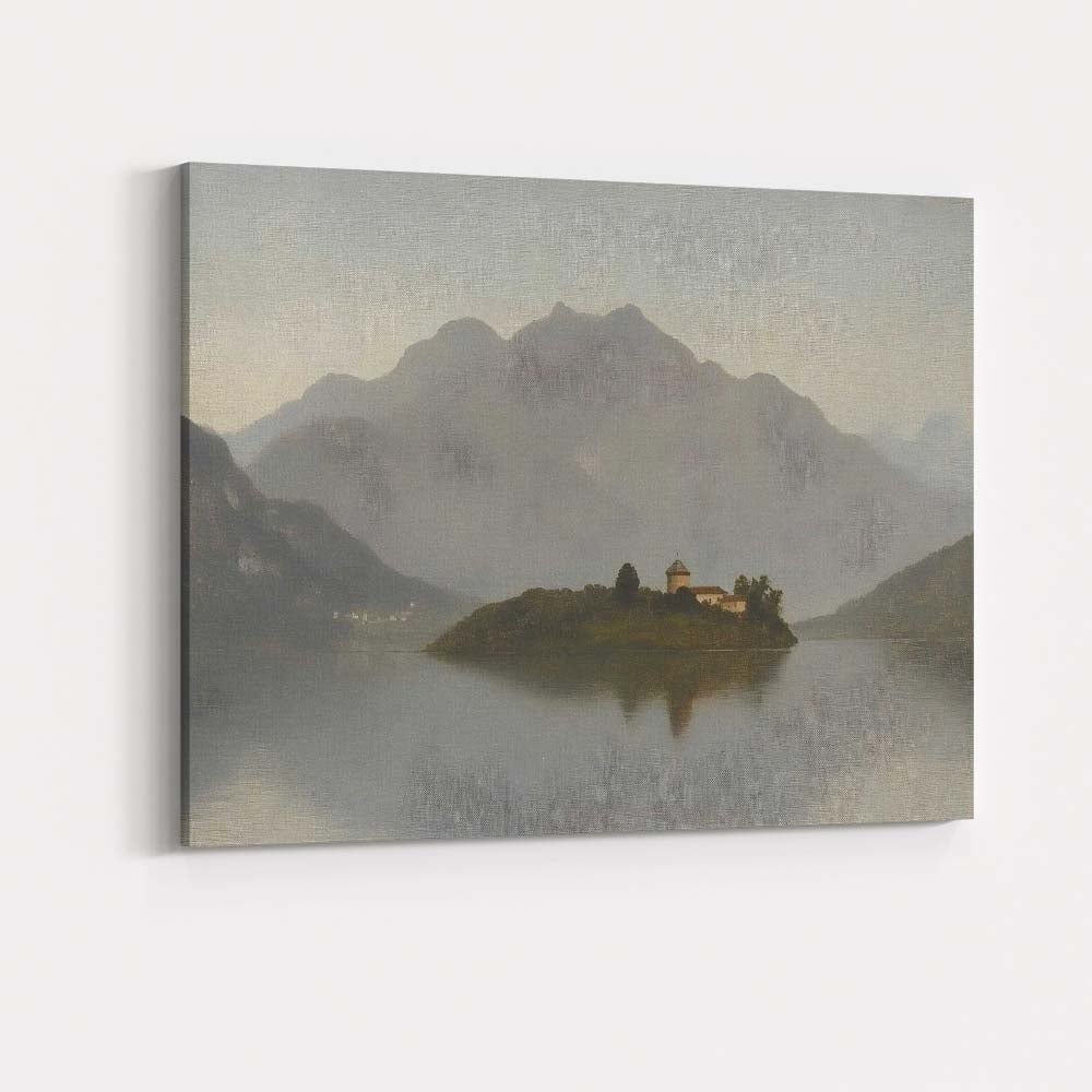 Misty Mountain Lake Island Landscape Serene Nature Painting Canvas Wall Art Print Decor Picture Ready to Hang