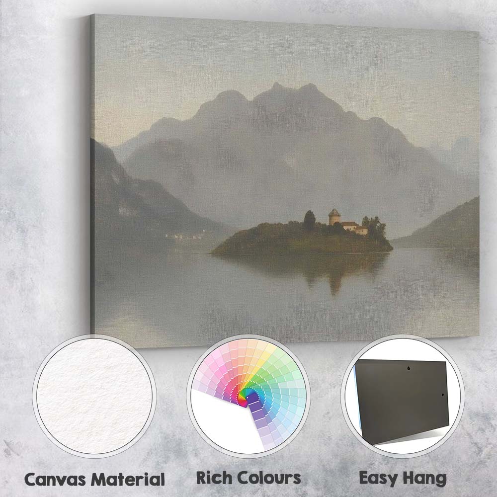 Misty Mountain Lake Island Landscape Serene Nature Painting Canvas Wall Art Print Decor Picture Ready to Hang
