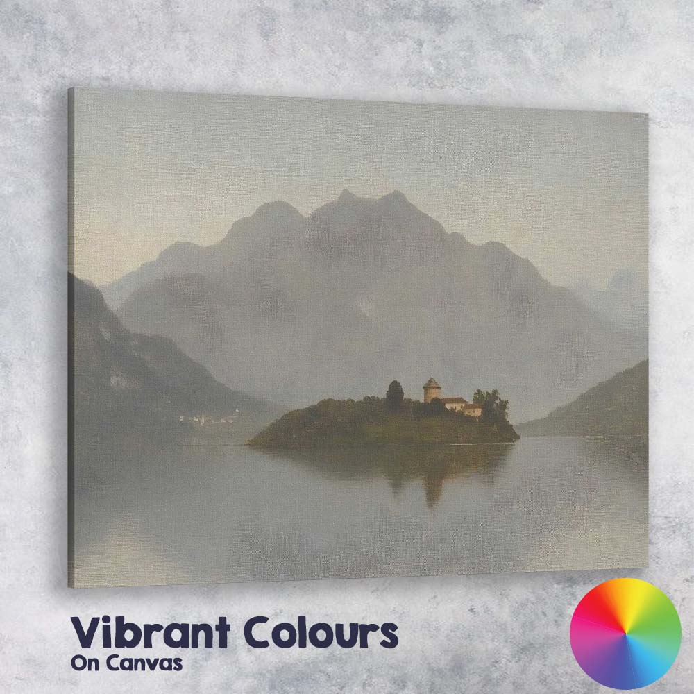Misty Mountain Lake Island Landscape Serene Nature Painting Canvas Wall Art Print Decor Picture Ready to Hang