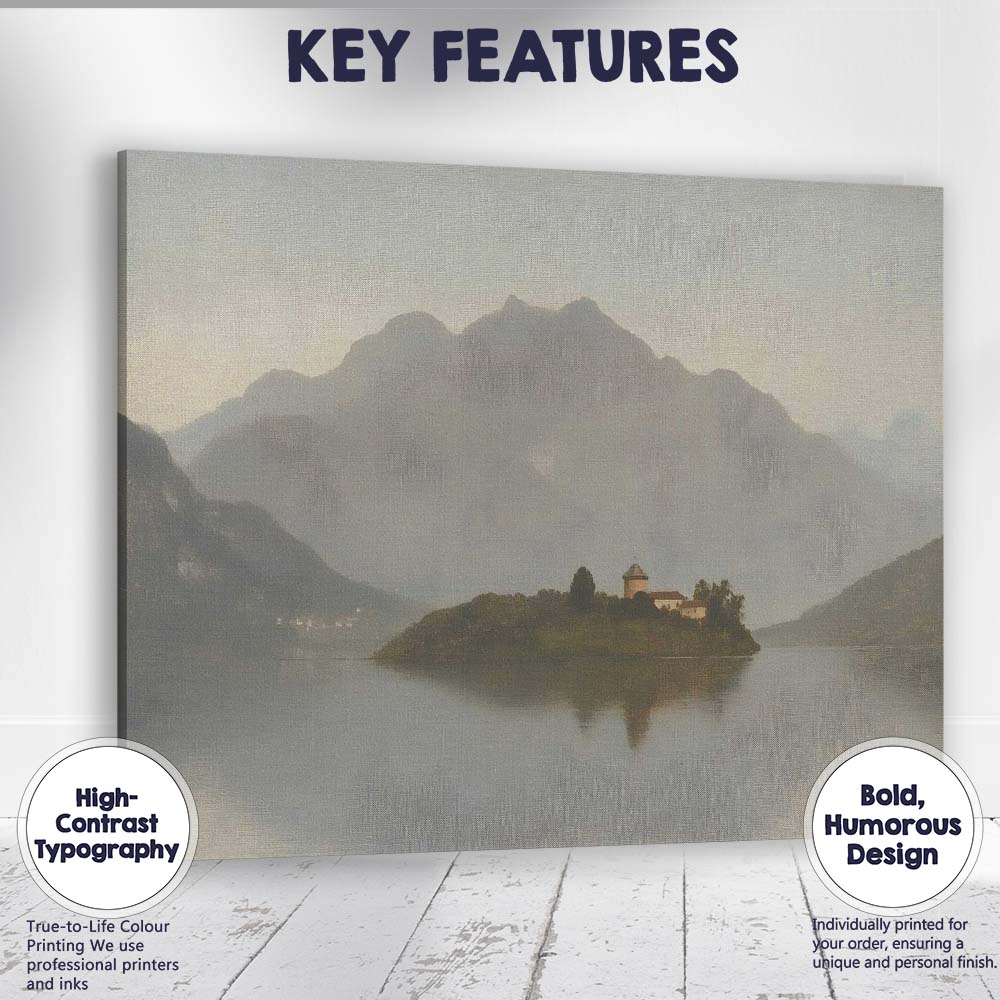 Misty Mountain Lake Island Landscape Serene Nature Painting Canvas Wall Art Print Decor Picture Ready to Hang