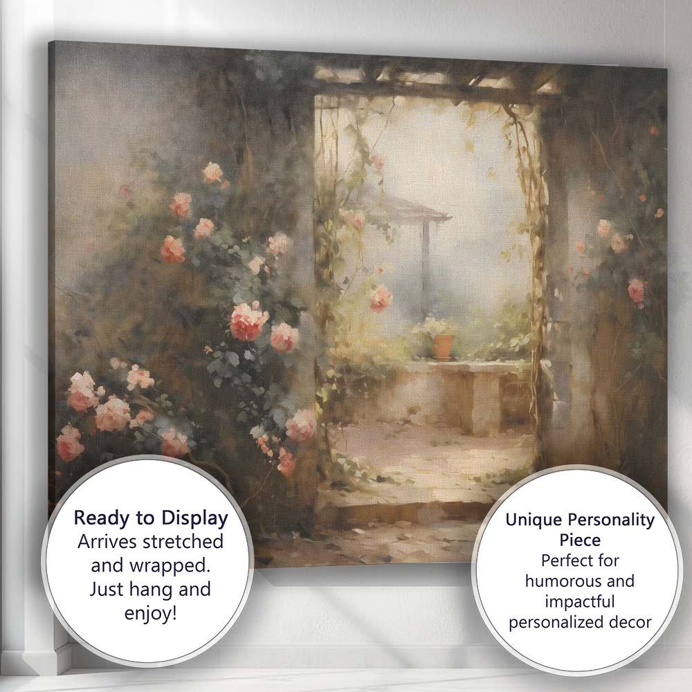 Romantic Rose Covered Garden Courtyard Impressionist Canvas Wall Art Print Decor Picture Ready to Hang