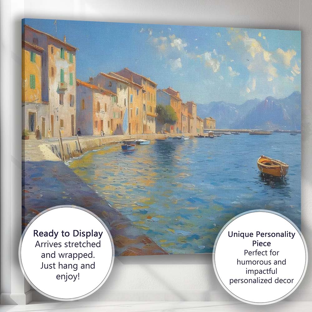 Mediterranean Coastal Harbour Village Seascape Impressionist Canvas Wall Art Print Decor Picture Ready to Hang