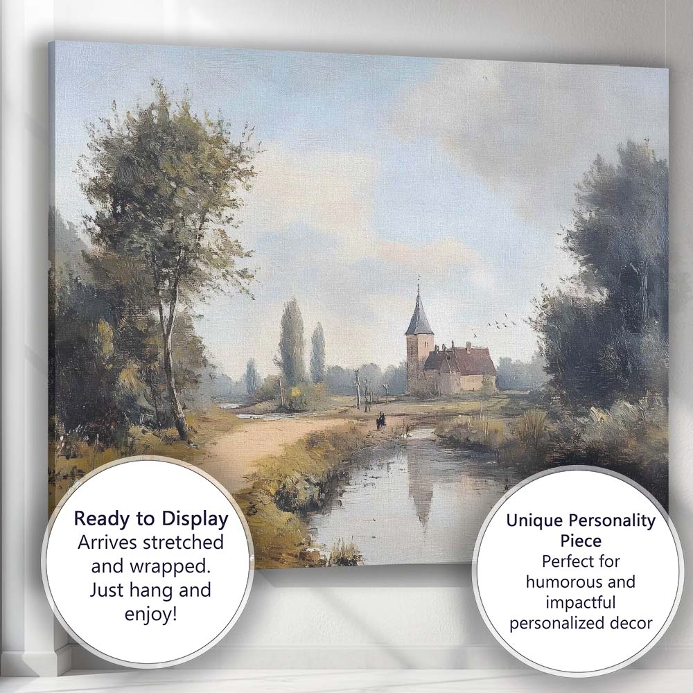 Rustic Riverside Country Church Landscape Canvas Wall Art Print Decor Picture Ready to Hang