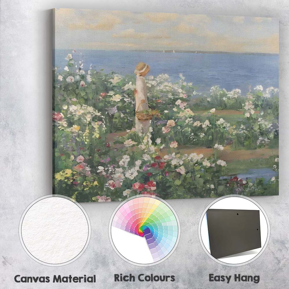 Coastal Flower Garden Girl Seascape Impressionist Canvas Wall Art Print Decor Picture Ready to Hang