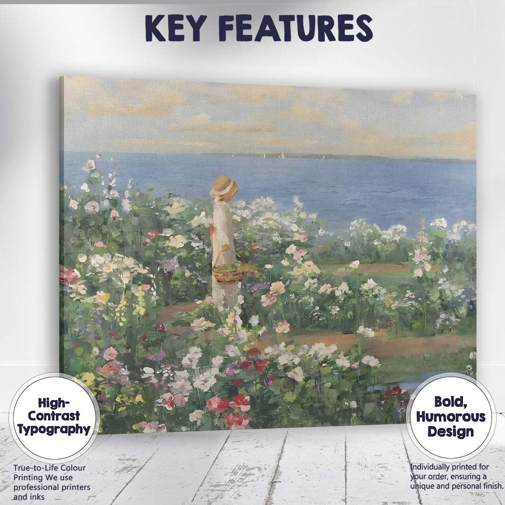 Coastal Flower Garden Girl Seascape Impressionist Canvas Wall Art Print Decor Picture Ready to Hang
