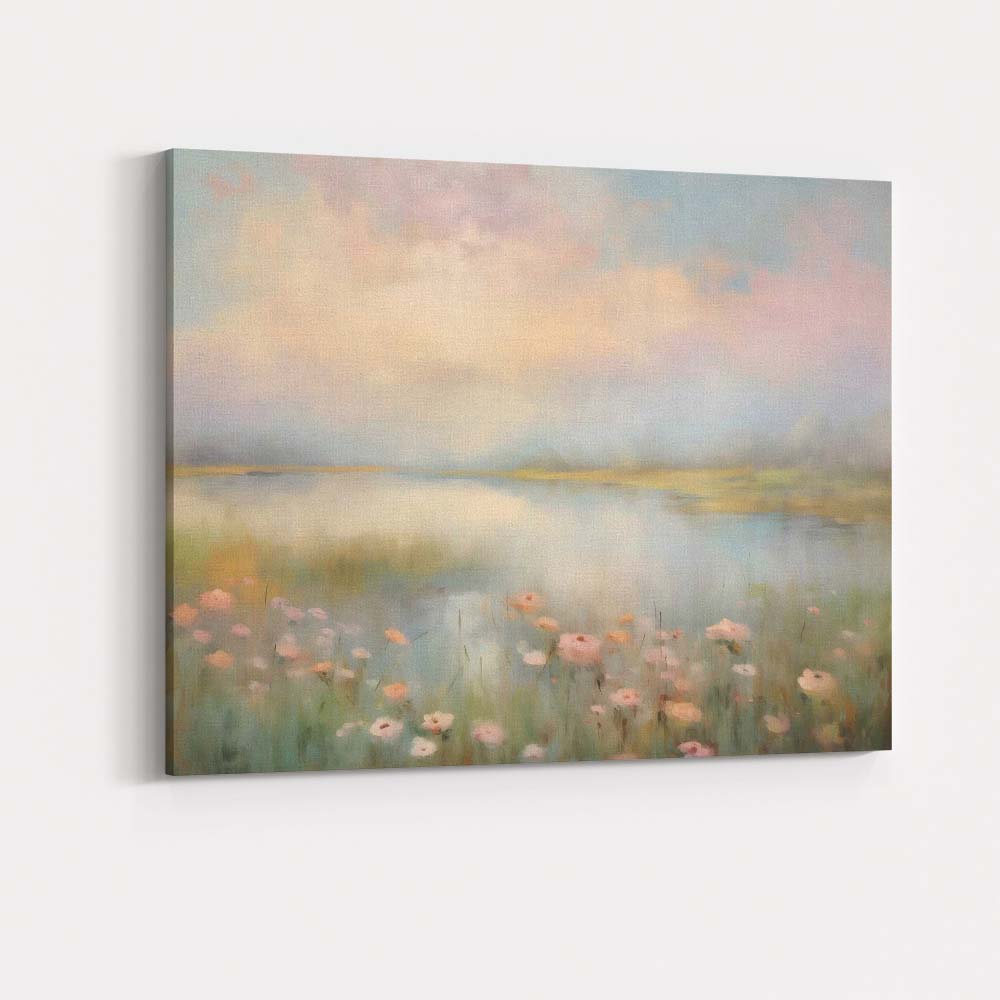 Pastel Misty Lakeside Wildflower Landscape Canvas Wall Art Print Decor Picture Ready to Hang