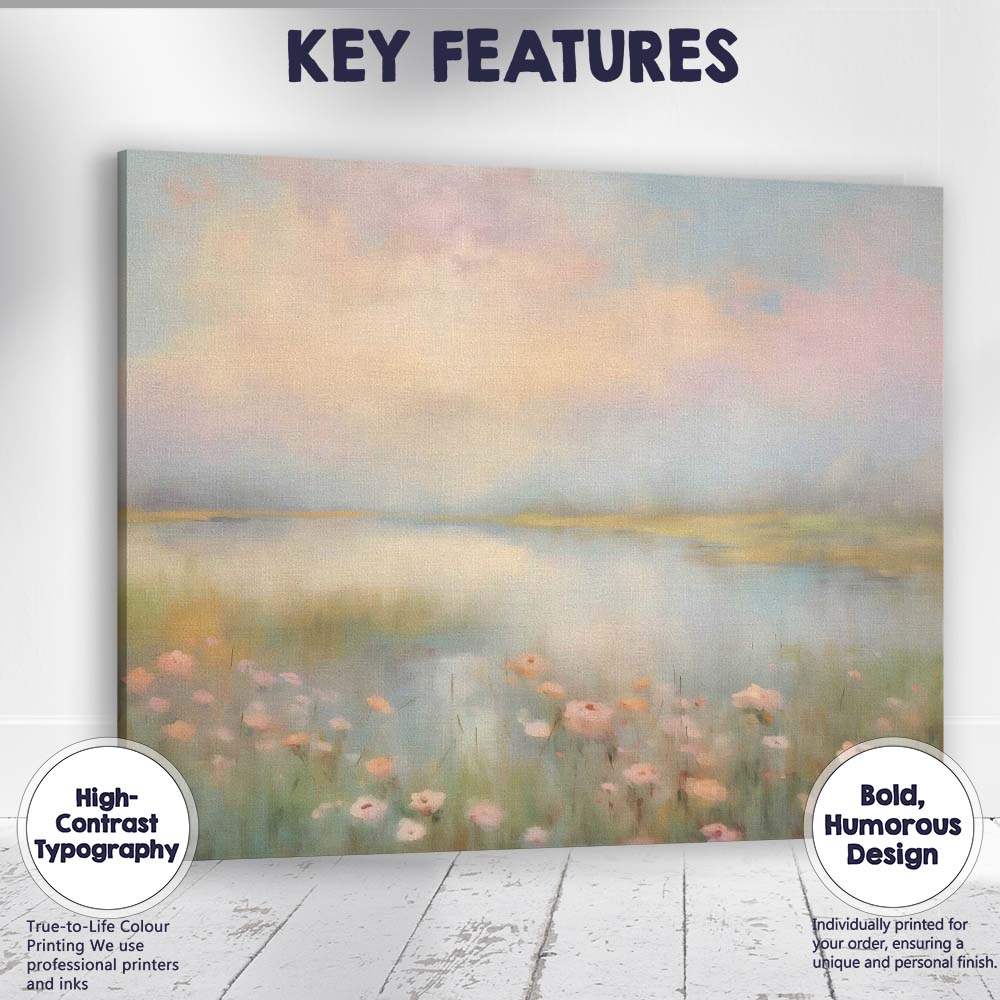 Pastel Misty Lakeside Wildflower Landscape Canvas Wall Art Print Decor Picture Ready to Hang