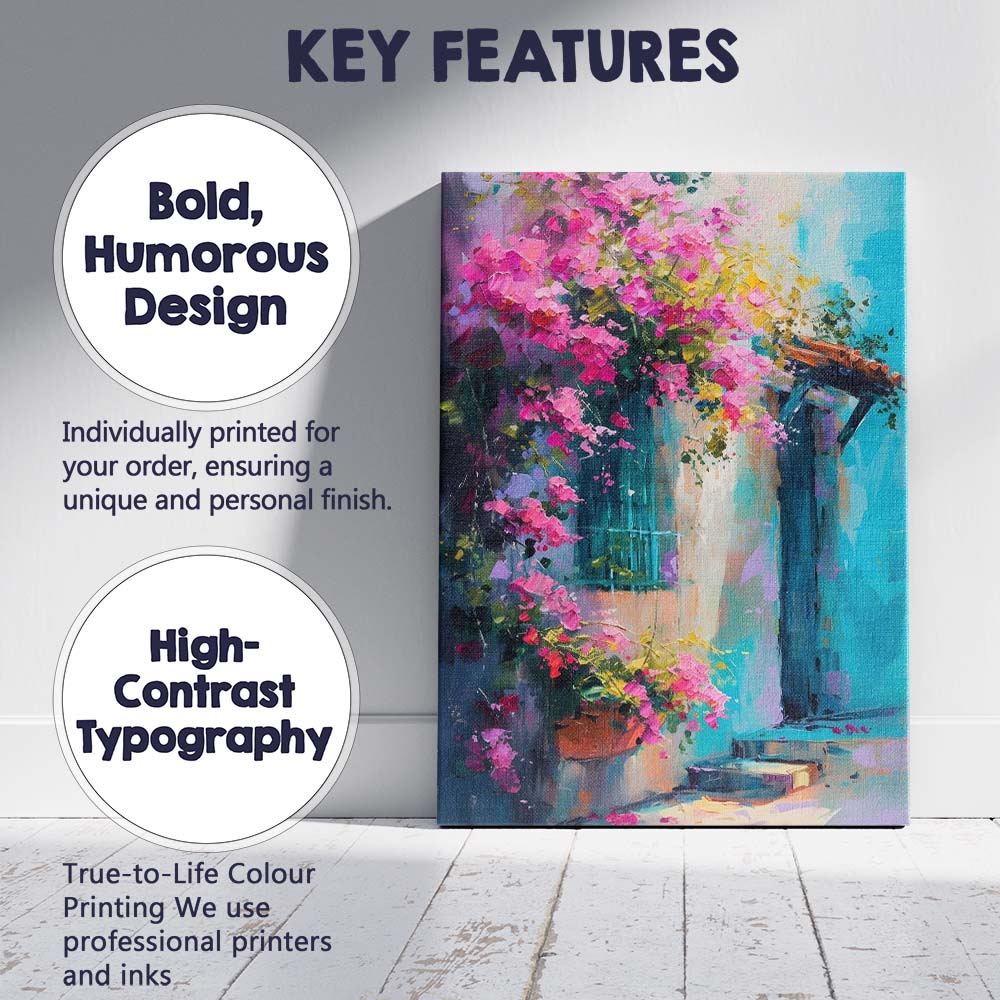 Vibrant Pink Bougainvillea Mediterranean Courtyard Canvas Wall Art Print Decor Picture Ready to Hang
