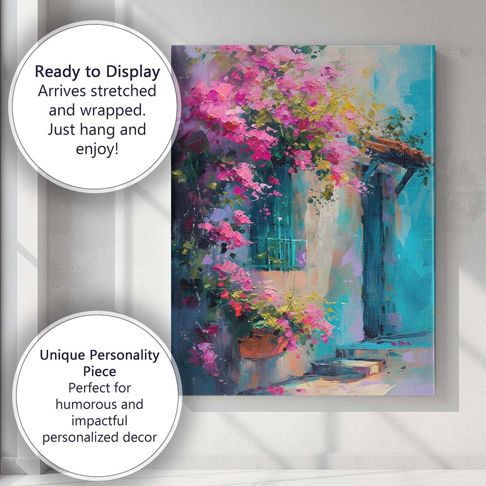 Vibrant Pink Bougainvillea Mediterranean Courtyard Canvas Wall Art Print Decor Picture Ready to Hang