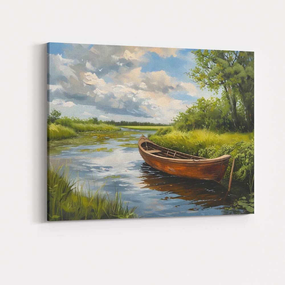 Peaceful Wooden Rowboat Riverside Landscape Canvas Wall Art Print Decor Picture Ready to Hang