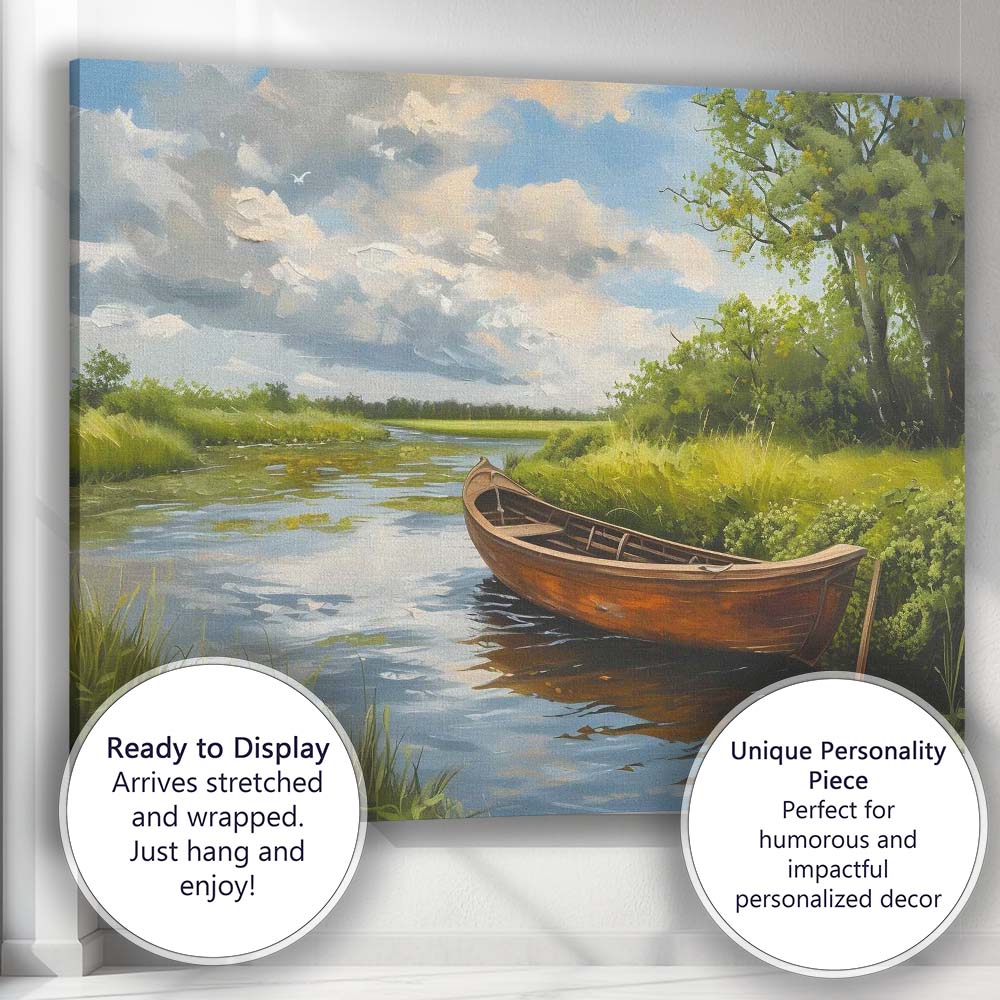 Peaceful Wooden Rowboat Riverside Landscape Canvas Wall Art Print Decor Picture Ready to Hang