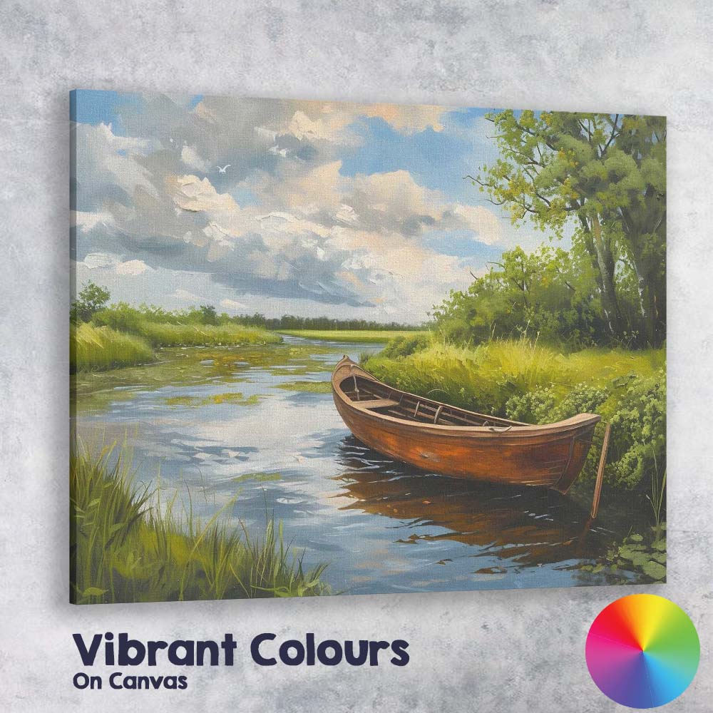 Peaceful Wooden Rowboat Riverside Landscape Canvas Wall Art Print Decor Picture Ready to Hang